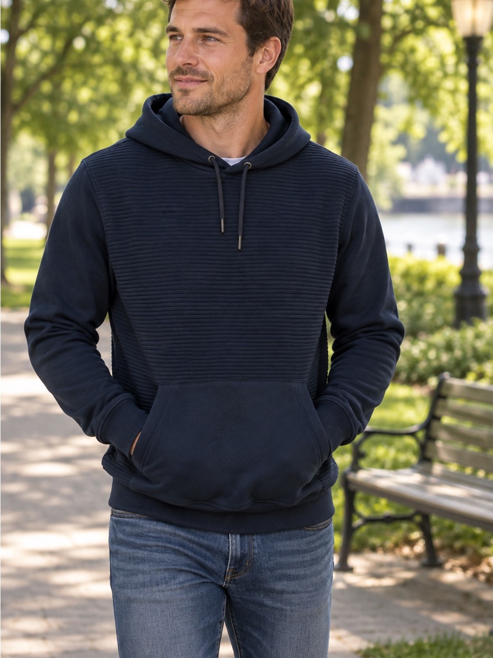 Men's Navy Ribbed Front Crewneck Hoodie Sweater